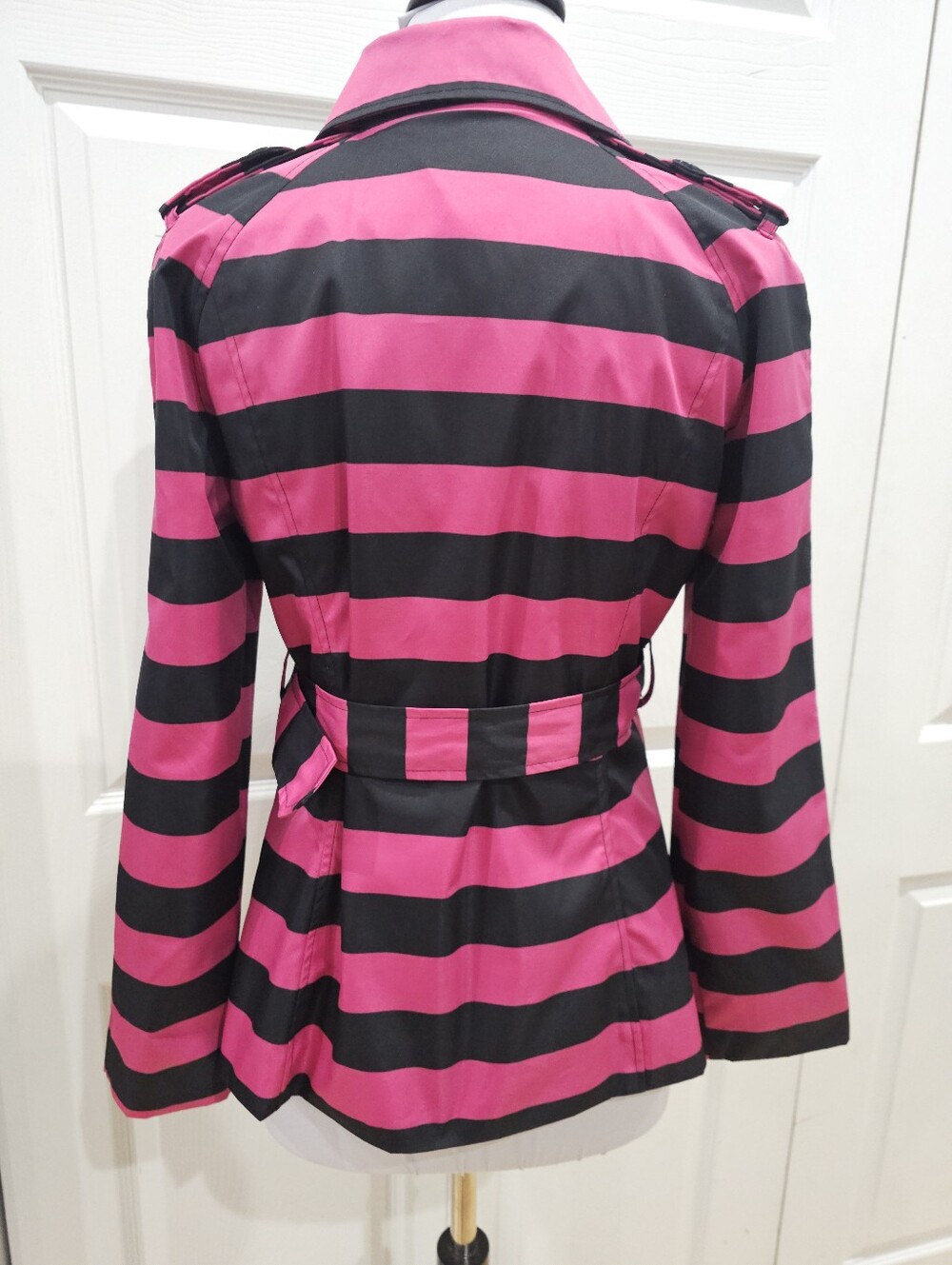 Cynthia Rowley Black Pink Striped Double Bressted Button Rain Jacket Coat Trench - Picture 8 of 16